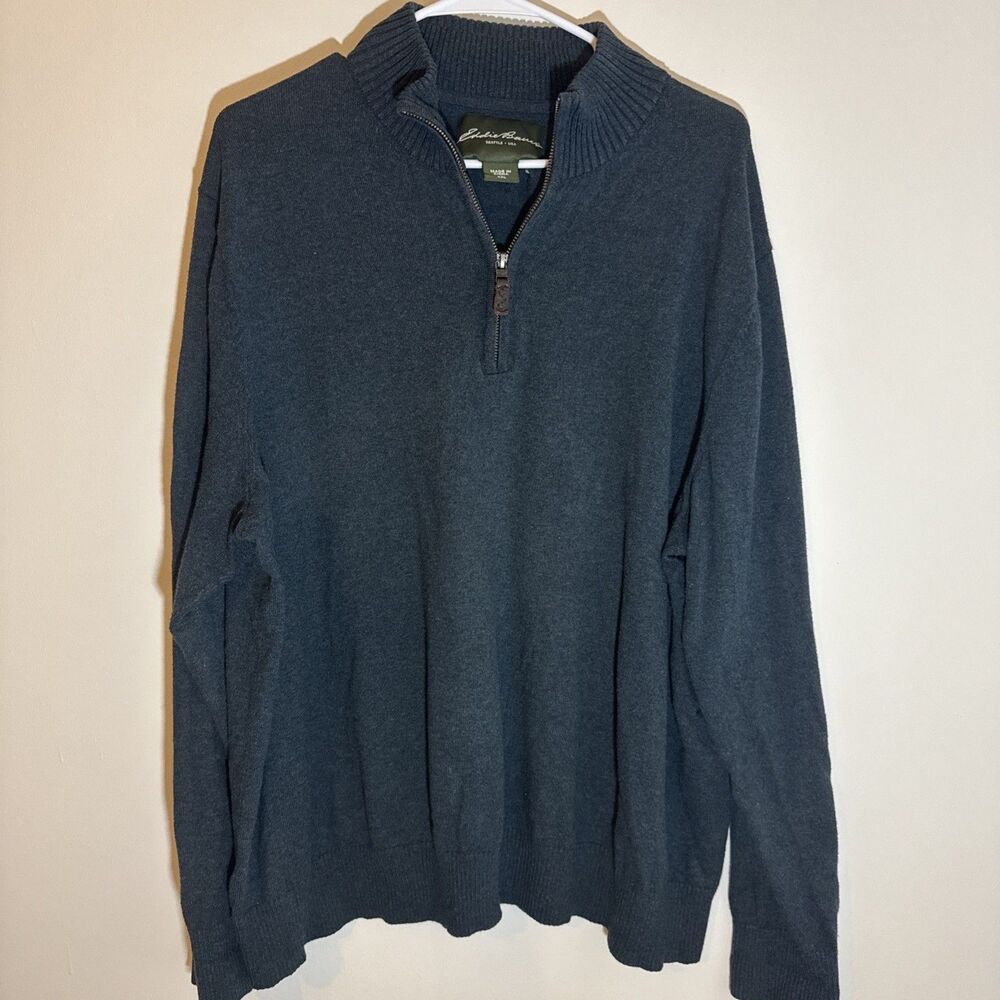 Eddie Bauer Men's XXL 1/4 Zip Pullover Sweater Dark Blue Cotton Cashmere